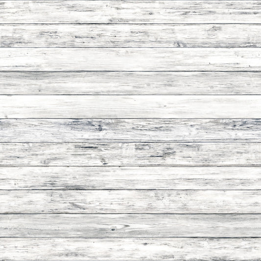 Weathered white wooden planks aligned horizontally, showing textures and grain patterns.