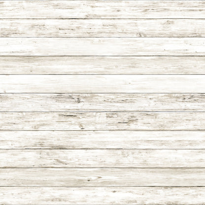 Weathered white wooden planks laid horizontally, displaying subtle grain and texture variations.