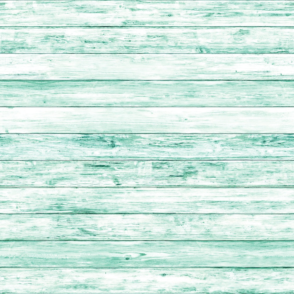 A wooden background with horizontal planks painted in a light teal color, showing a distressed and textured finish.