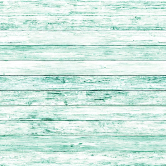 A wooden background with horizontal planks painted in a light teal color, showing a distressed and textured finish.