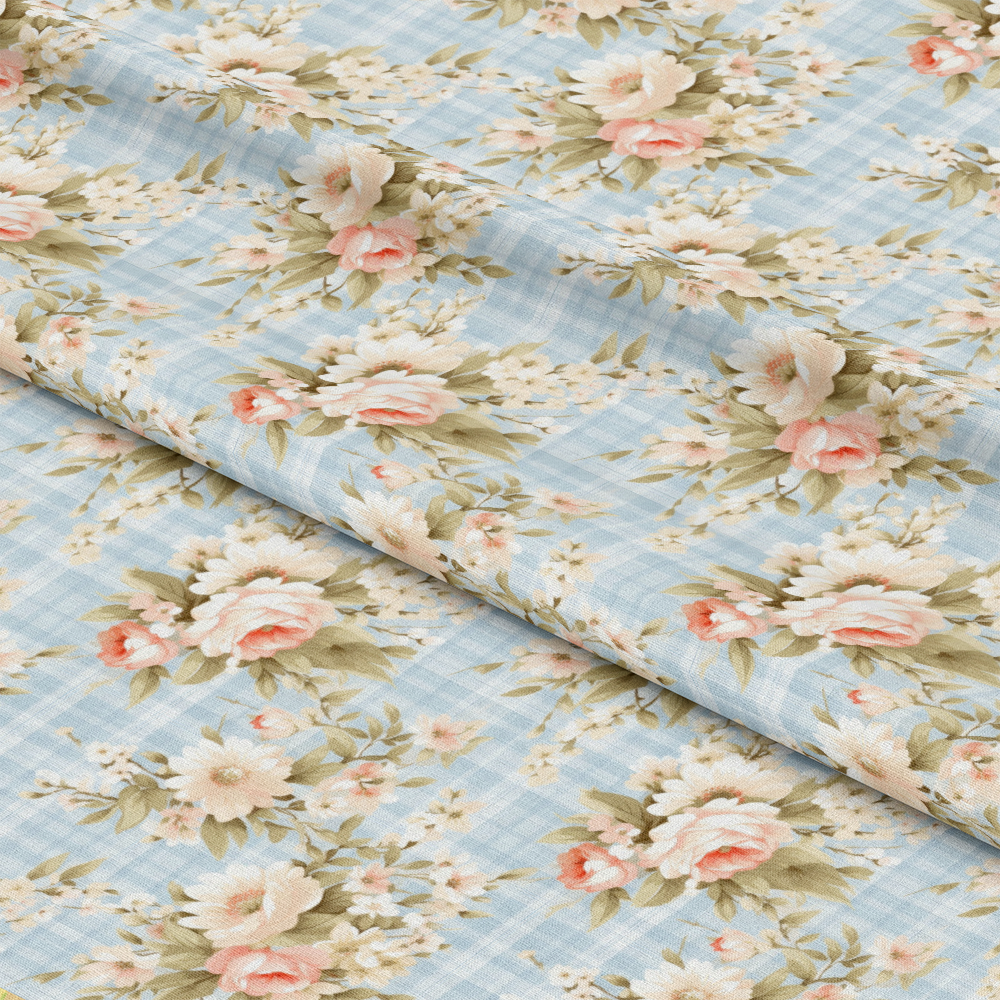 - Shabby Chic Floral Plaid Pattern 5 Quilting Cotton Fabric  
- Blue background  
- Soft pink roses  
- Cream flowers  
- Green leaves  
- Vintage style  
- Pastel colors  
- Plaid design  
- Quilting cotton material  
- Light, delicate texture