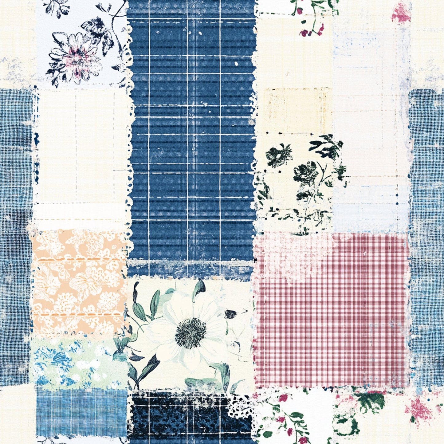 Shabby Chic Floral Gingham Pattern 1 Quilting Cotton Fabric