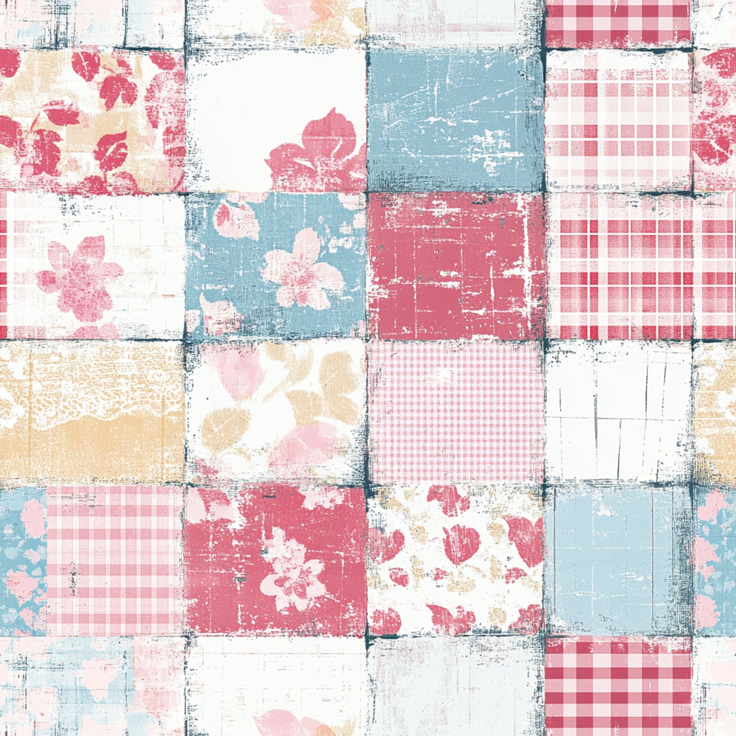 Shabby Chic Floral Gingham Pattern 16 Quilting Cotton Fabric