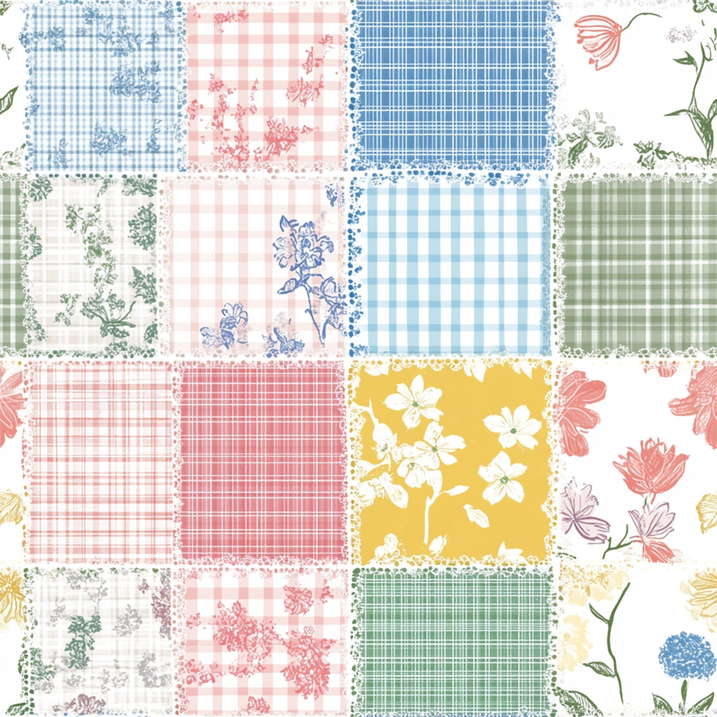 Shabby Chic Floral Gingham Pattern 24 Quilting Cotton Fabric