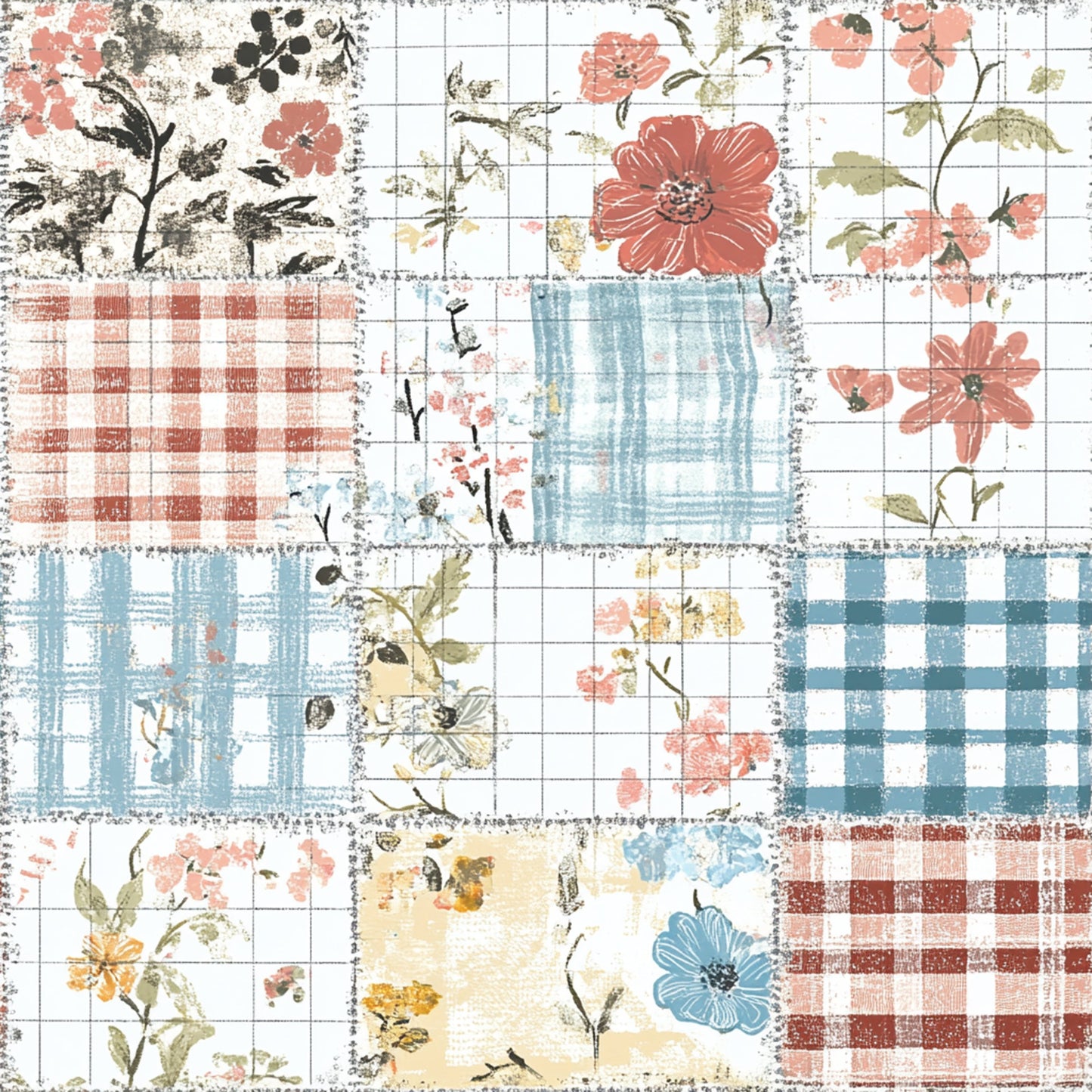 Shabby Chic Floral Gingham Pattern 9 Quilting Cotton Fabric