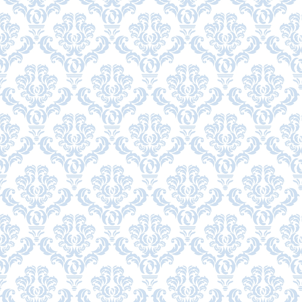 A repeating light blue floral damask pattern on a white background.