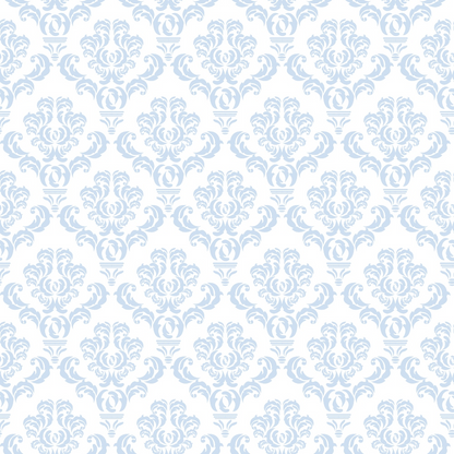 A repeating light blue floral damask pattern on a white background.