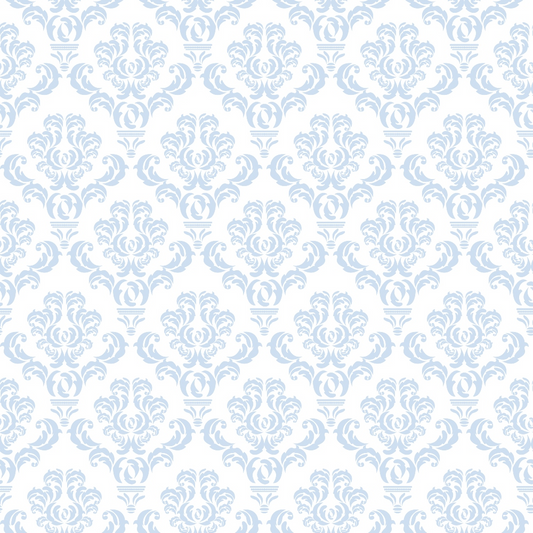 A repeating light blue floral damask pattern on a white background.