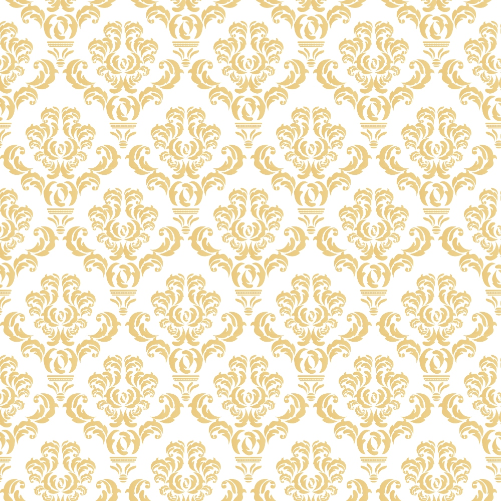 Golden damask pattern on a white background, featuring intricate floral and leaf motifs repeated uniformly across the image.