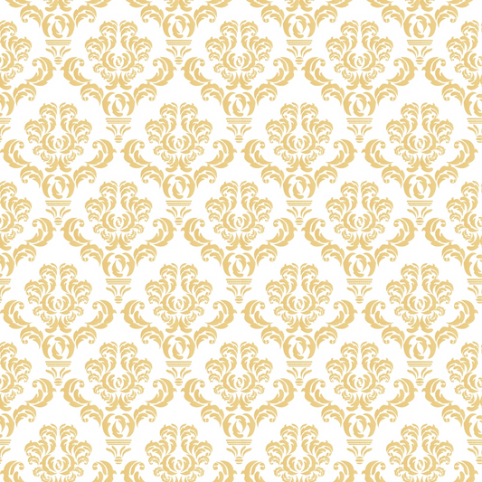 Golden damask pattern on a white background, featuring intricate floral and leaf motifs repeated uniformly across the image.