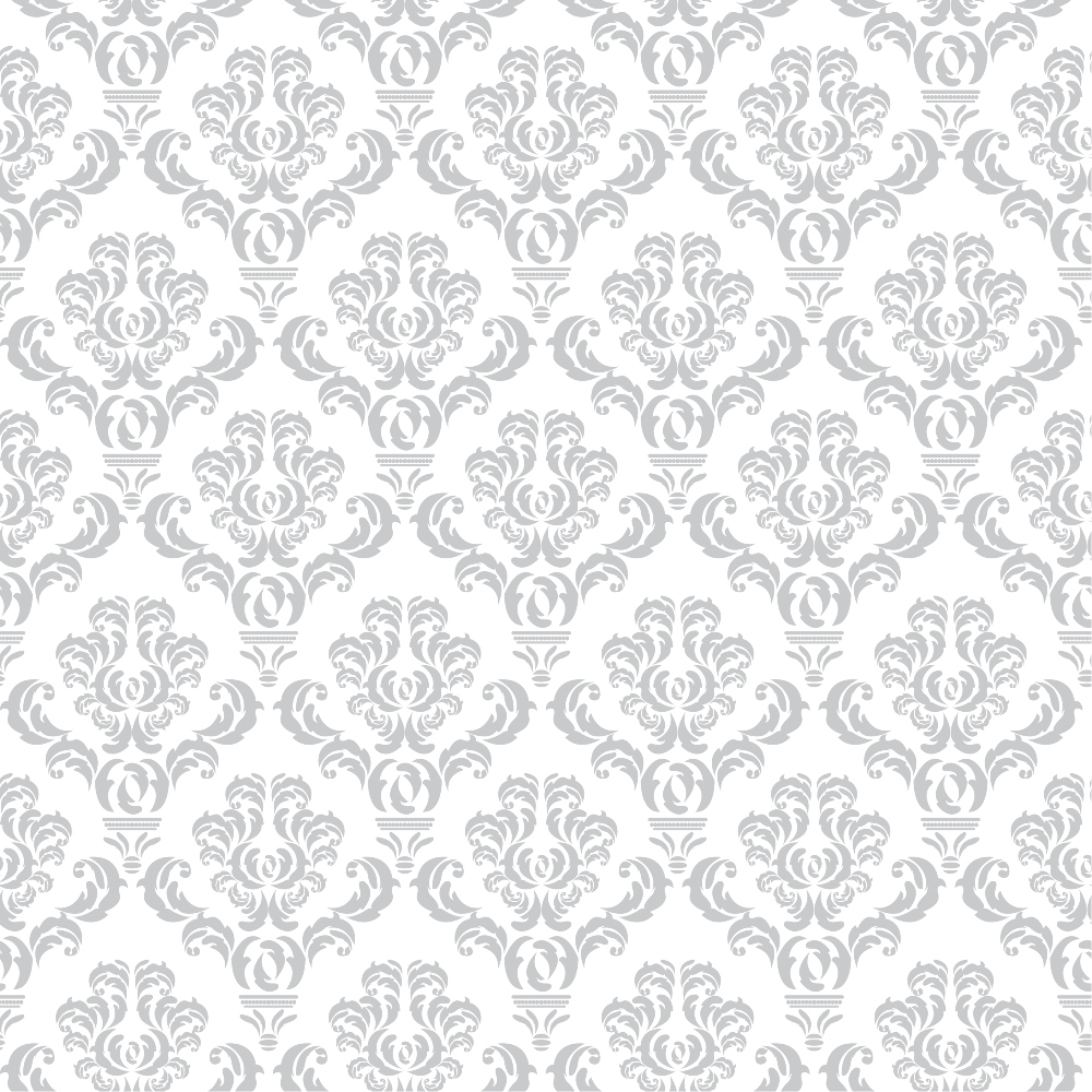 Gray and white damask pattern with intricate floral and leaf motifs repeated across the image.