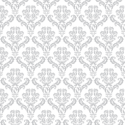 Gray and white damask pattern with intricate floral and leaf motifs repeated across the image.