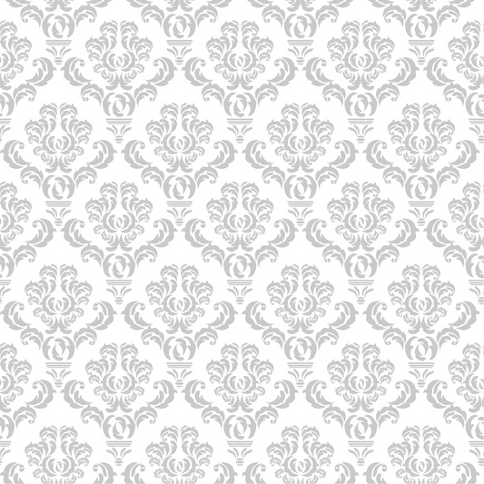 Gray and white damask pattern with intricate floral and leaf motifs repeated across the image.