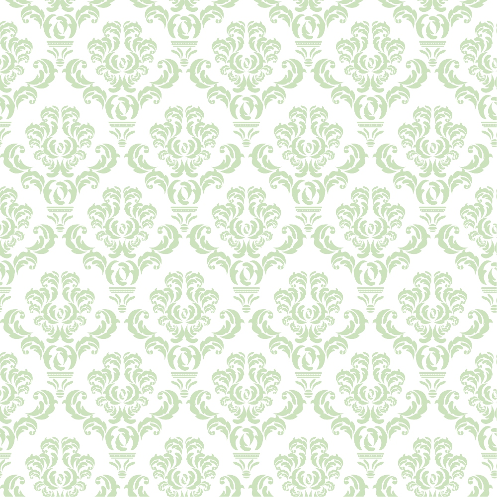 Green floral damask pattern on a white background, featuring intricate symmetrical designs.