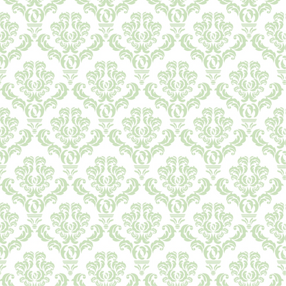 Green floral damask pattern on a white background, featuring intricate symmetrical designs.