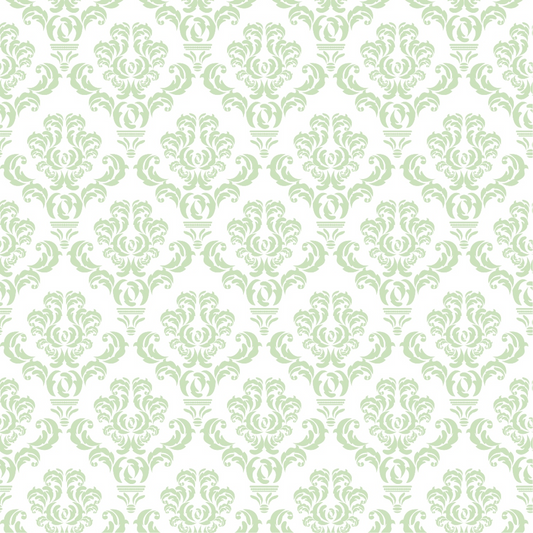 Green floral damask pattern on a white background, featuring intricate symmetrical designs.