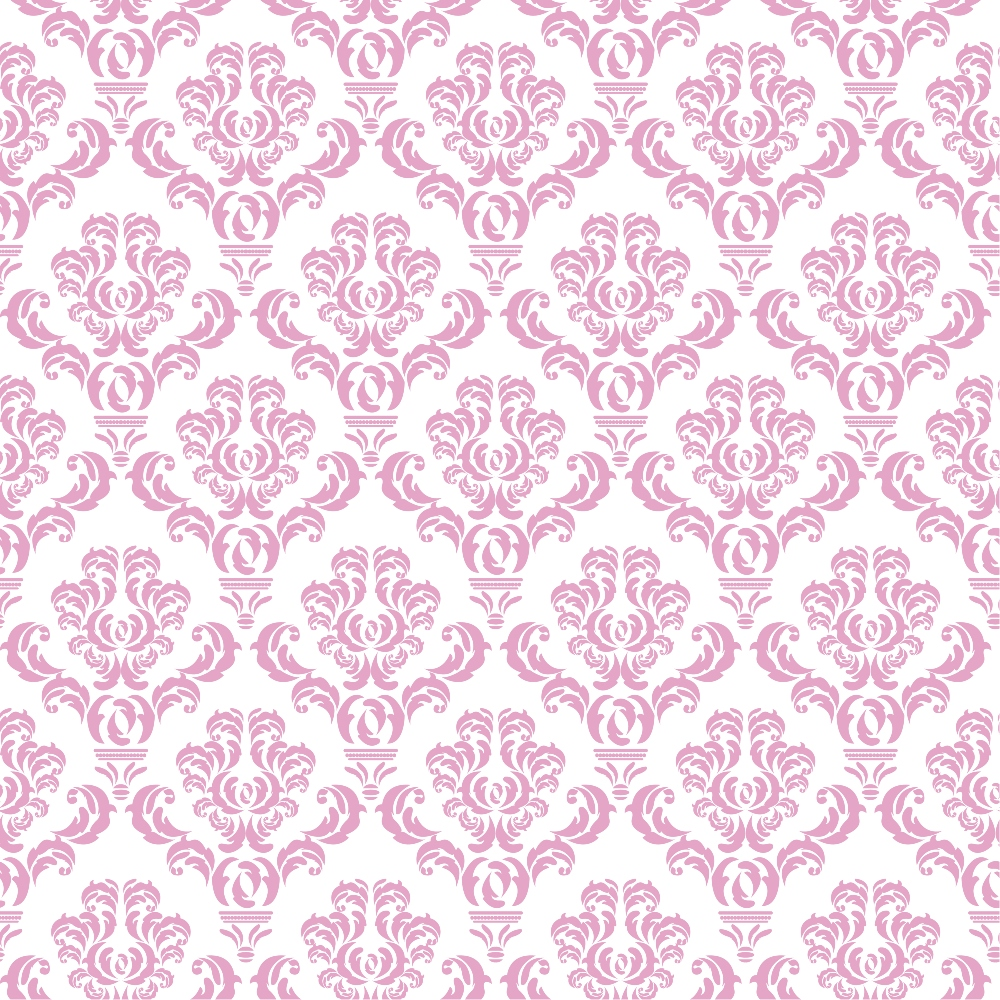 Pink and white ornamental damask pattern repeated symmetrically across the image.