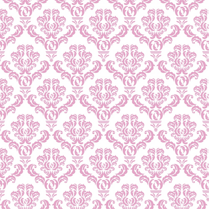 Pink and white ornamental damask pattern repeated symmetrically across the image.