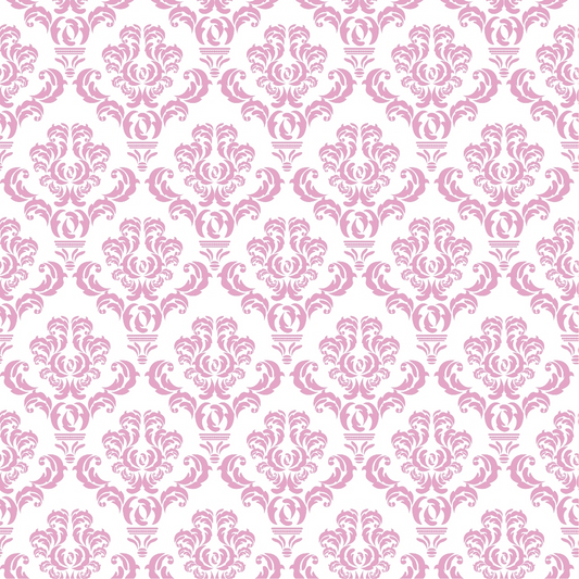 Pink and white ornamental damask pattern repeated symmetrically across the image.