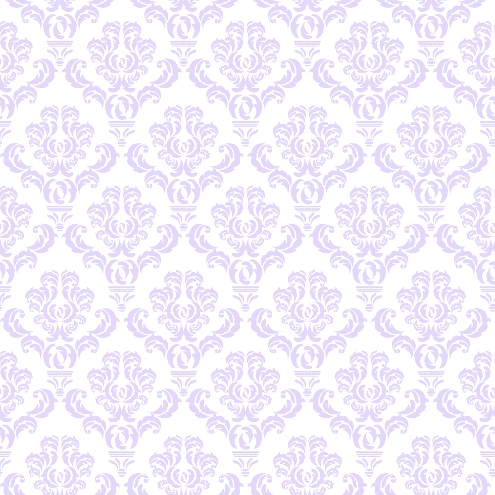 A seamless pattern with ornate, lavender floral motifs on a white background, forming a repetitive, elegant design.