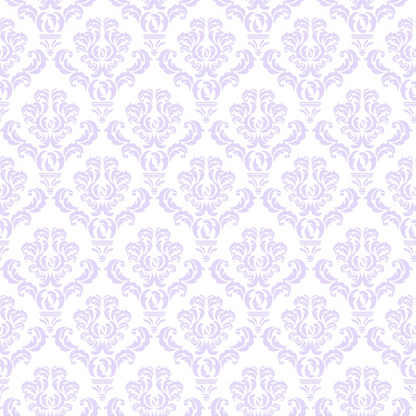 A seamless pattern with ornate, lavender floral motifs on a white background, forming a repetitive, elegant design.