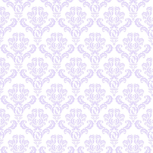 A seamless pattern with ornate, lavender floral motifs on a white background, forming a repetitive, elegant design.