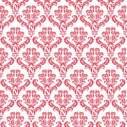 Red floral damask pattern on a white background, repeating uniformly.