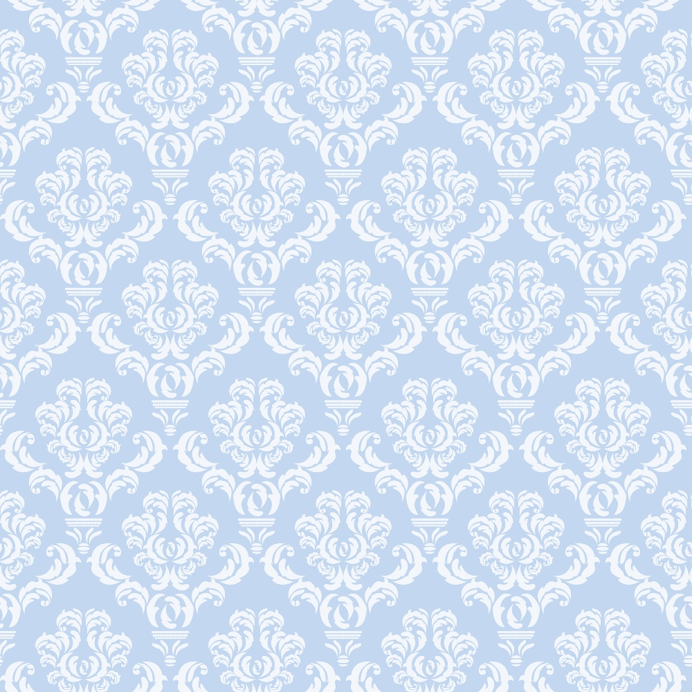 Ornate white floral damask pattern on a light blue background.