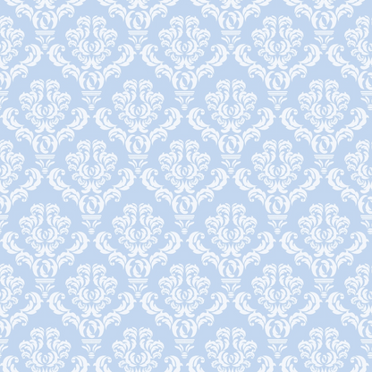 Ornate white floral damask pattern on a light blue background.