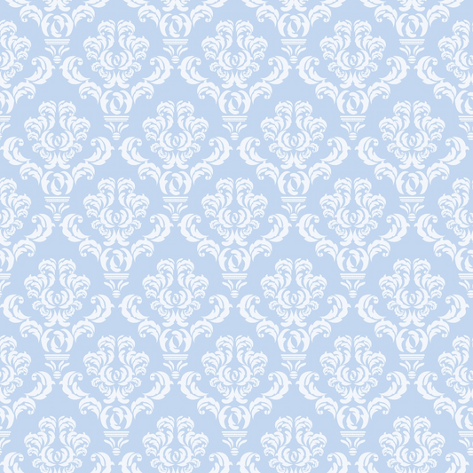 Ornate white floral damask pattern on a light blue background.