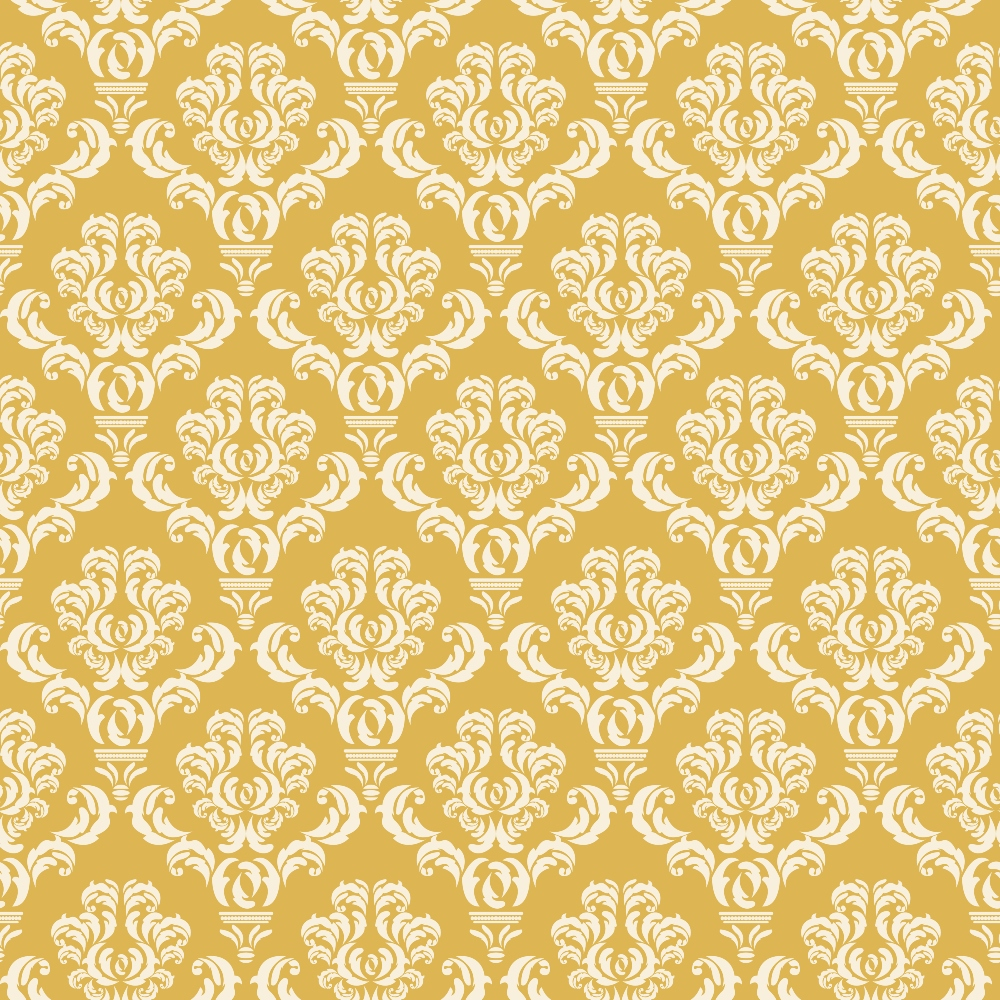 Ornate yellow and white damask pattern featuring symmetrical floral motifs.