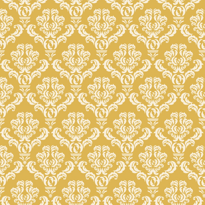 Ornate yellow and white damask pattern featuring symmetrical floral motifs.