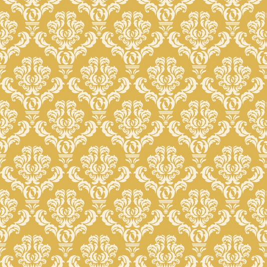 Ornate yellow and white damask pattern featuring symmetrical floral motifs.