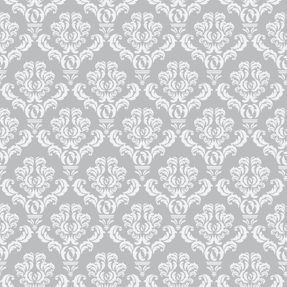 Gray and white floral damask pattern with symmetrical, intricate designs repeating uniformly.