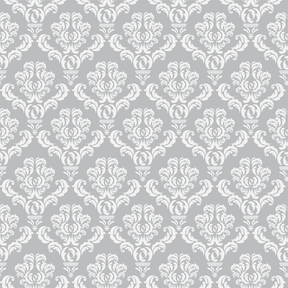 Gray and white floral damask pattern with symmetrical, intricate designs repeating uniformly.