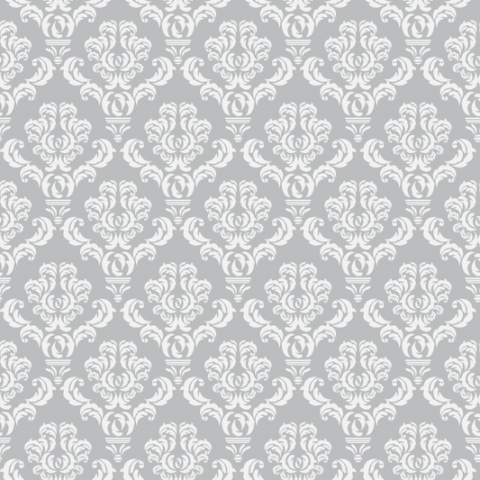 Gray and white floral damask pattern with symmetrical, intricate designs repeating uniformly.