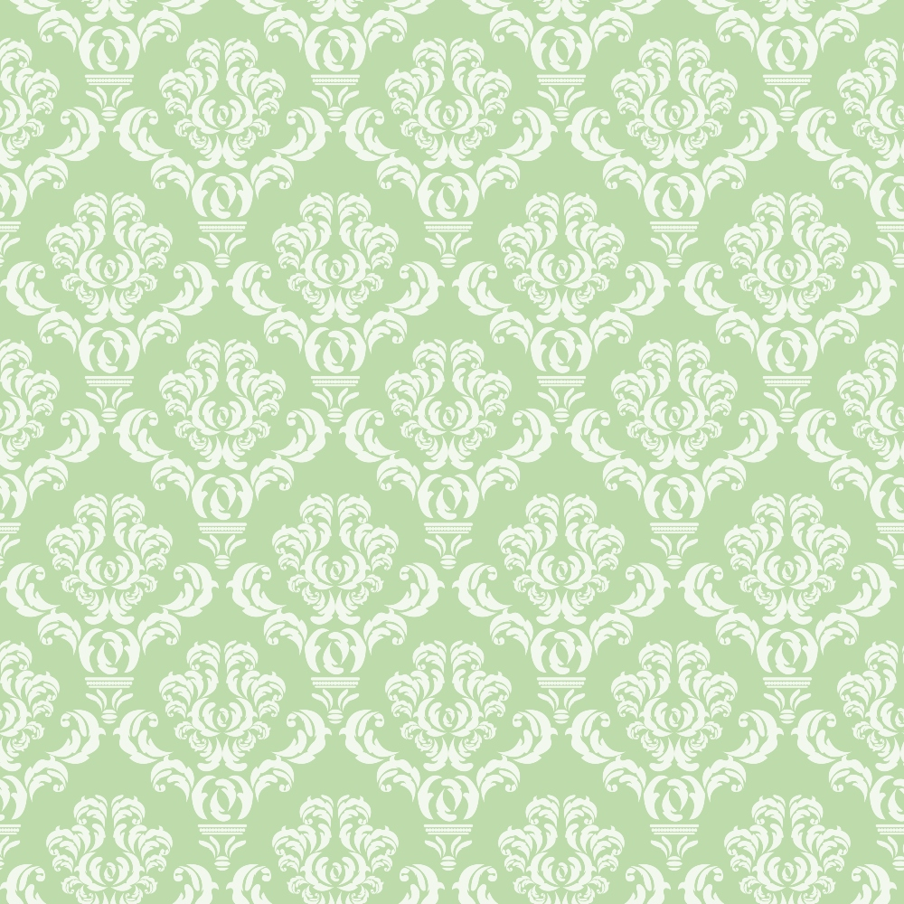 Green background with an ornate white floral damask pattern, repeated symmetrically across the image.