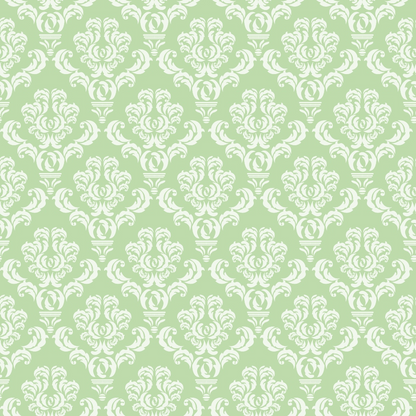 Green background with an ornate white floral damask pattern, repeated symmetrically across the image.