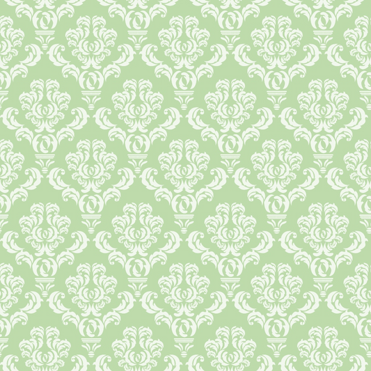 Green background with an ornate white floral damask pattern, repeated symmetrically across the image.