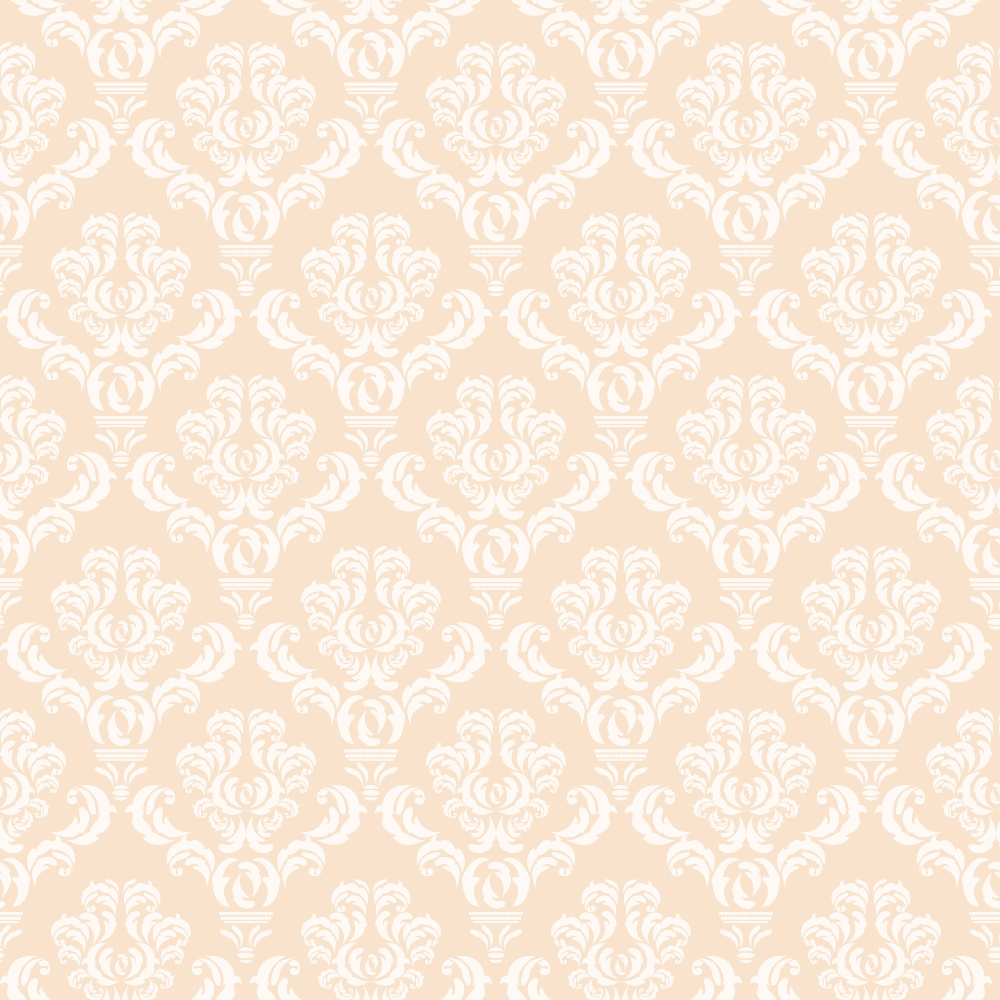 Ornate white floral damask pattern on a pale peach background.