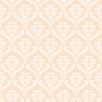 Ornate white floral damask pattern on a pale peach background.