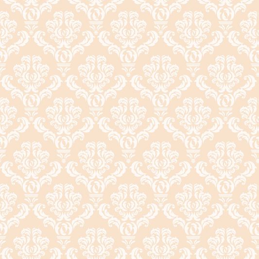 Ornate white floral damask pattern on a pale peach background.