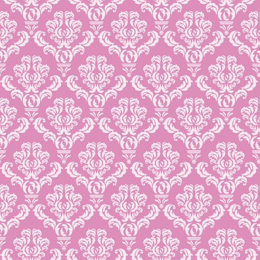 Pink and white damask pattern with intricate floral motifs repeating across the image.