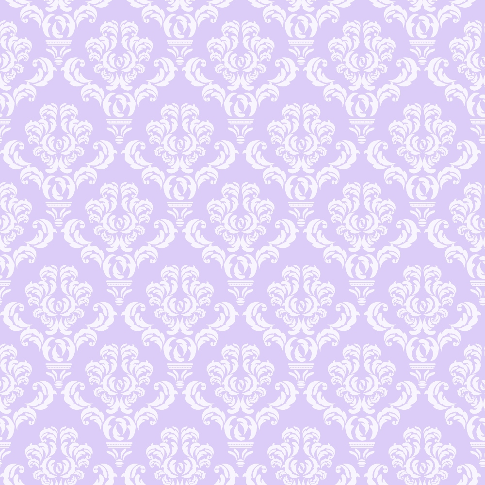 Intricate white damask pattern on a light purple background.