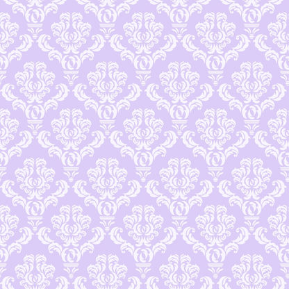 Intricate white damask pattern on a light purple background.