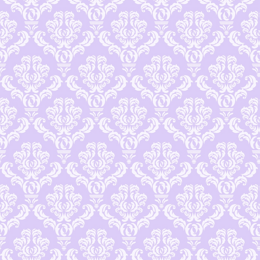 Intricate white damask pattern on a light purple background.