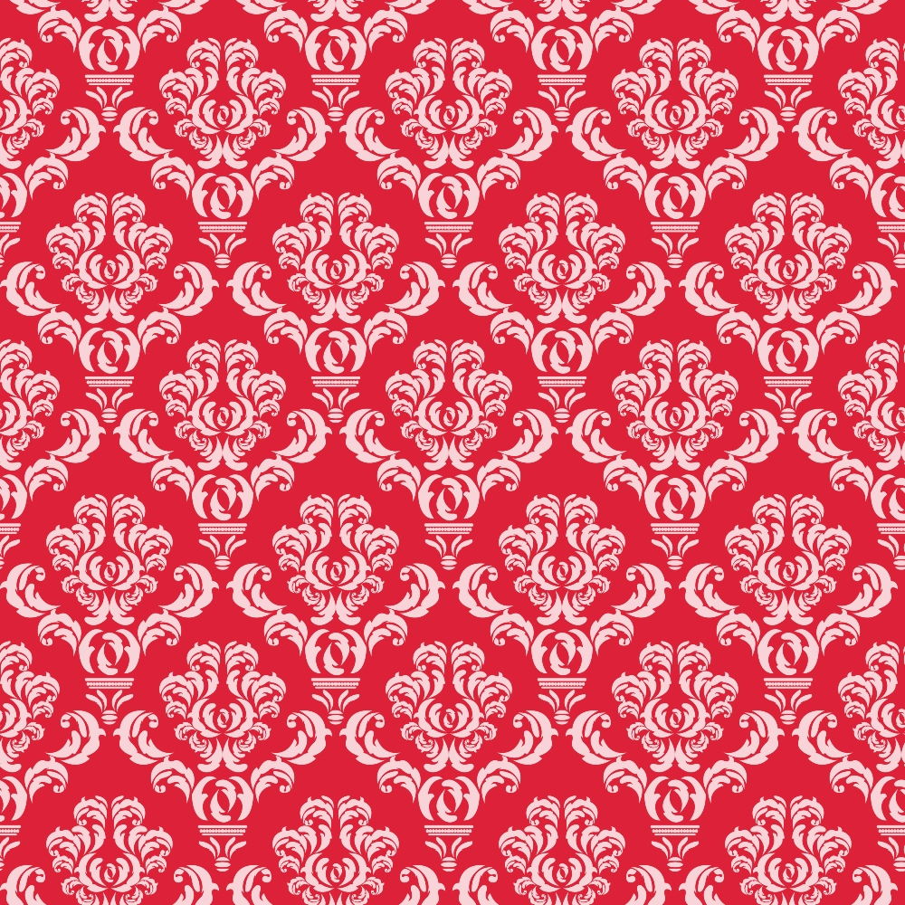 Red and white damask pattern featuring ornate, symmetrical floral motifs arranged in a repeating design.