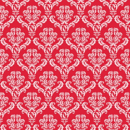 Red and white damask pattern featuring ornate, symmetrical floral motifs arranged in a repeating design.