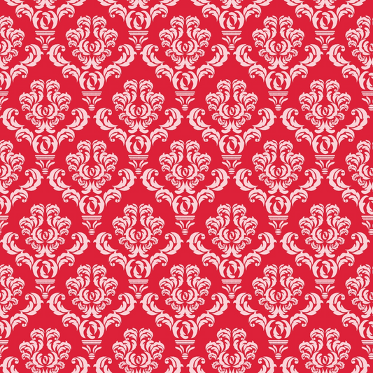 Red and white damask pattern featuring ornate, symmetrical floral motifs arranged in a repeating design.