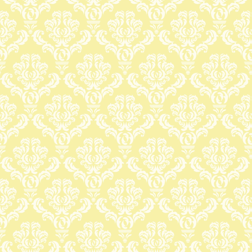 A repeating white floral damask pattern on a pale yellow background.